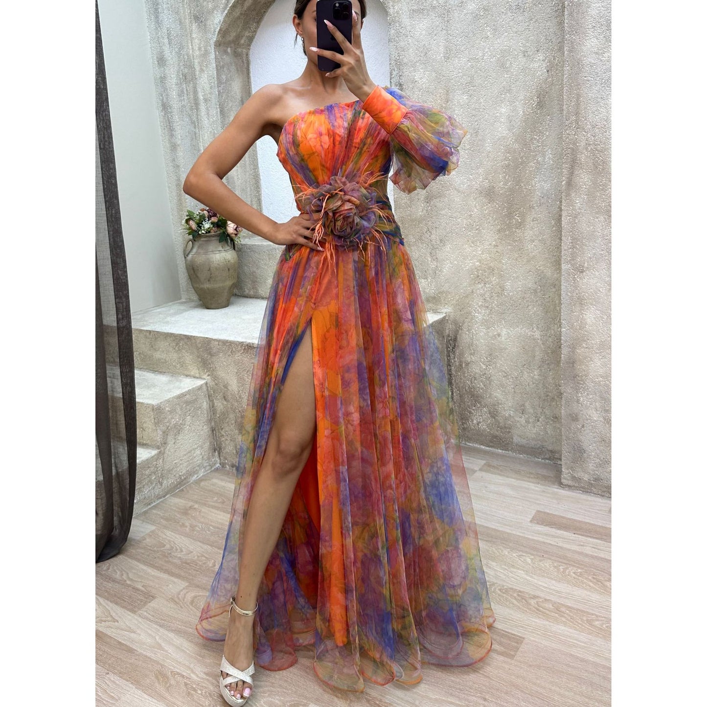 Women's Mesh Tie-Dye Printed Off-Shoulder Slit Maxi Dress - Summer Party Dress
