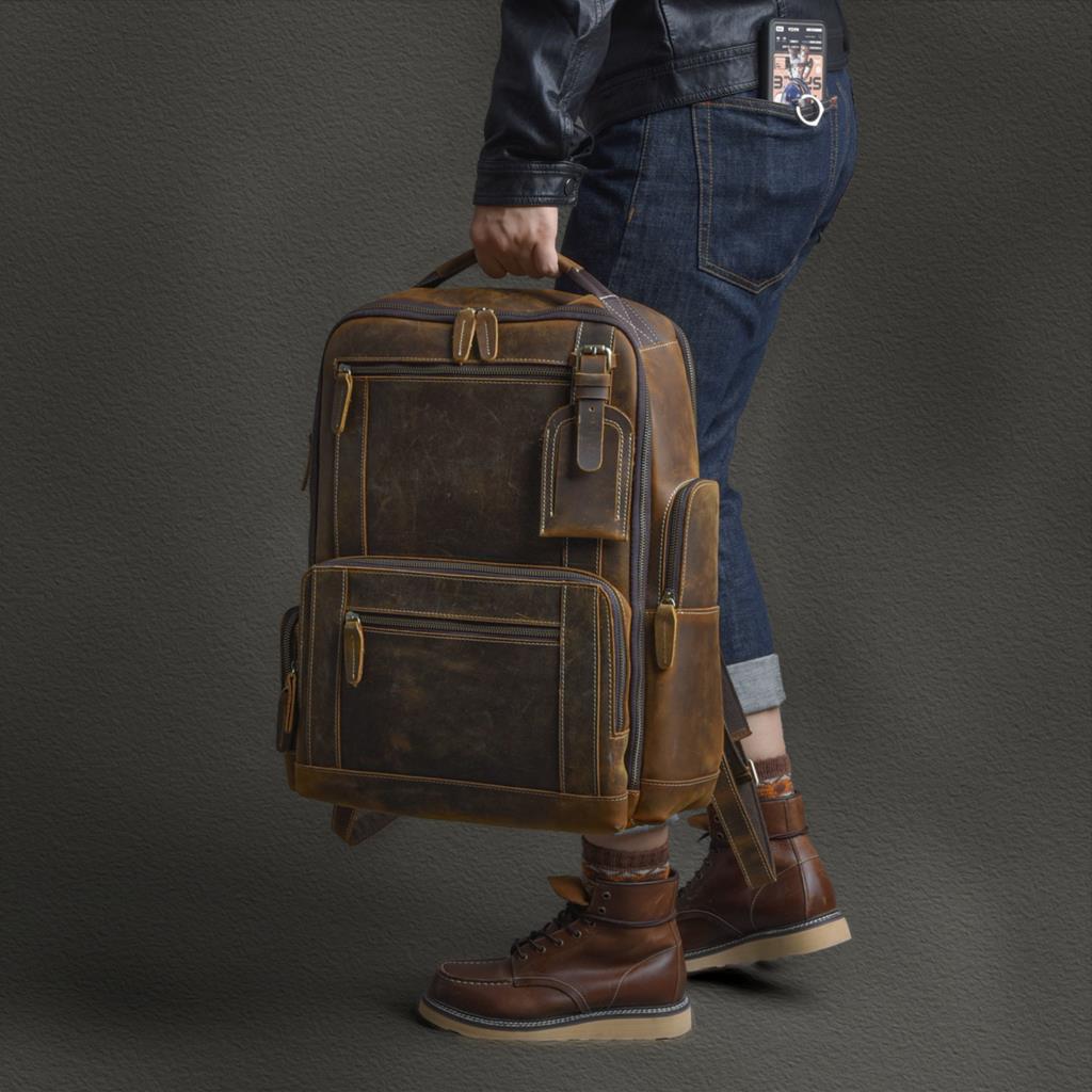 Men's First Layer Cowhide Leather Backpack - European American Retro Style with Laptop Compartment