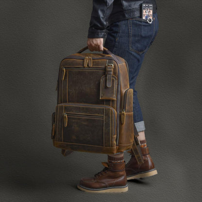 Men's First Layer Cowhide Leather Backpack - European American Retro Style with Laptop Compartment