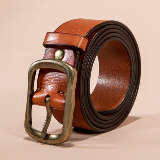 Men's Genuine Leather Belt - Top Grain Cowhide with Retro Brass Buckle