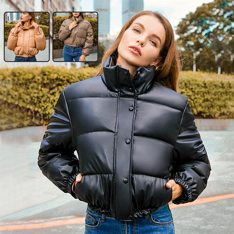 Women's PU Leather Puffer Jacket - Stand Collar Short Coat with Distressed Details