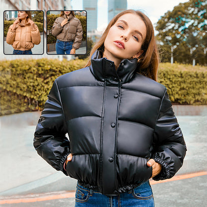 Women's PU Leather Puffer Jacket - Stand Collar Short Coat with Distressed Details