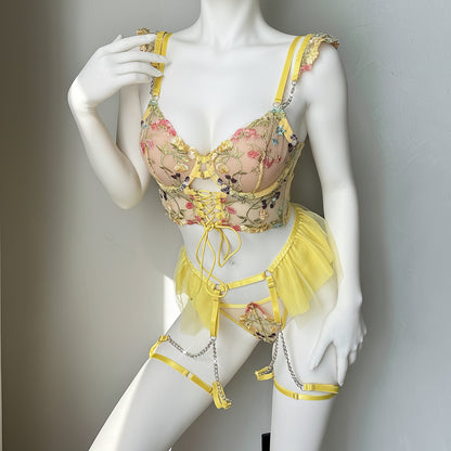 Women's Embroidery Lace Bra Set with Garter - Mesh Floral Lingerie Set