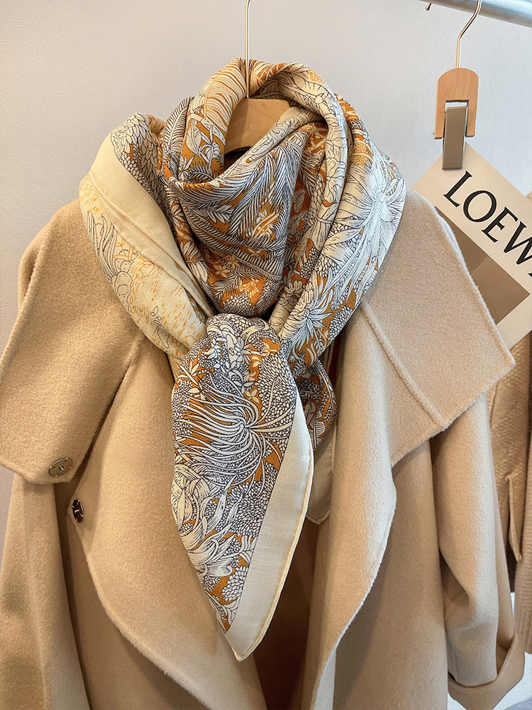 Luxe Herringbone Silk & Wool Scarf - Beige Premium Blend