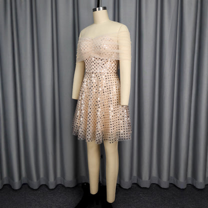 Light Pink Off-Shoulder Sequin Tulle Party Dress | A-Line Mini