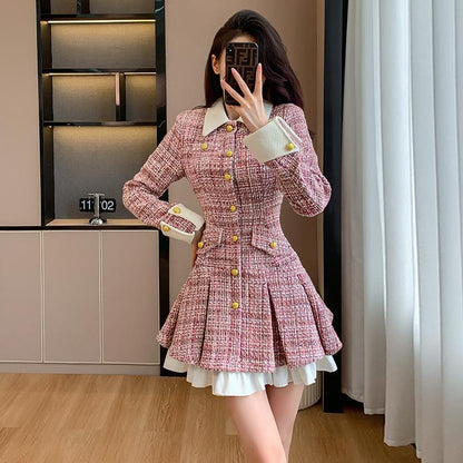 French Plaid Flounced Dress - High Waist Short Dress