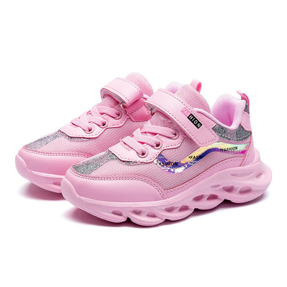 Girls' Three-Layer Mesh Sneakers | Velcro | Breathable EVA Sole | Sizes 26–37 | Pink & Orange Pink