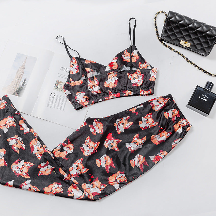 Women's Satin Cami Pajama Set - Fox Print Sleepwear Lingerie