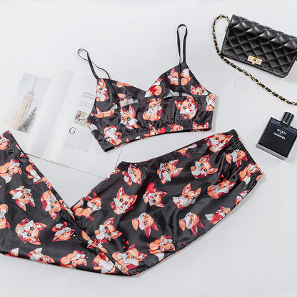 Women's Satin Cami Pajama Set - Fox Print Sleepwear Lingerie