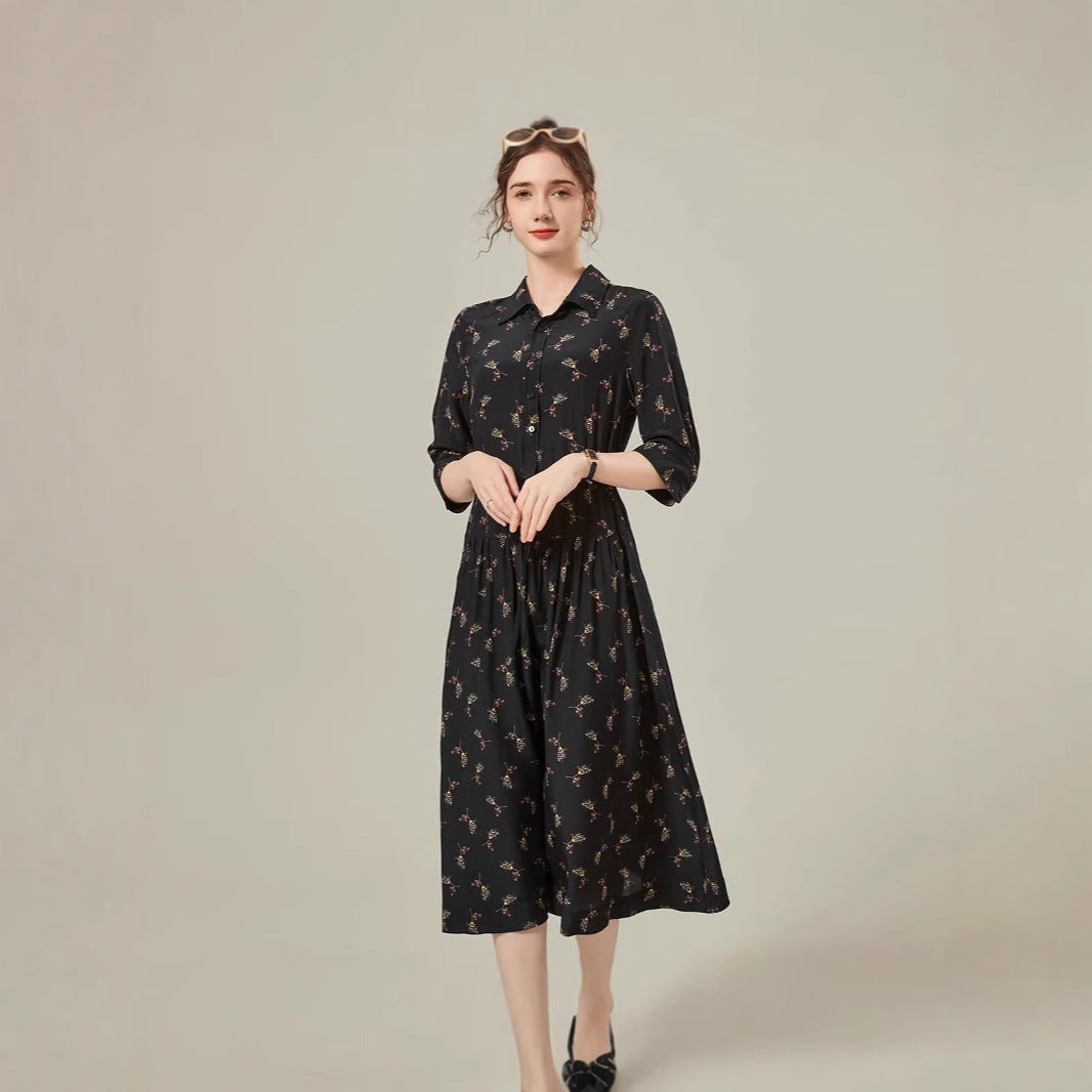 Women's Floral Mid-Length Shirt Dress - Mulberry Silk Jacquard in Classic Black