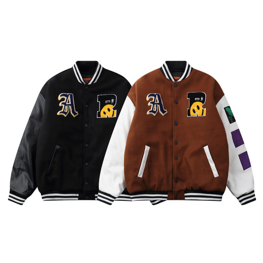 Streetwear Jacket with Smiley Face Flocking Embroidery - Contrast Color Stitching