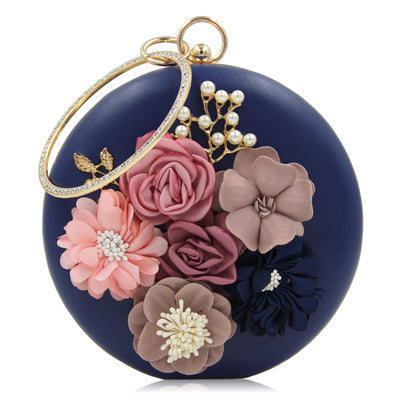 Elegant Round Box Clutch with Floral Detail - PU Leather Evening Bag