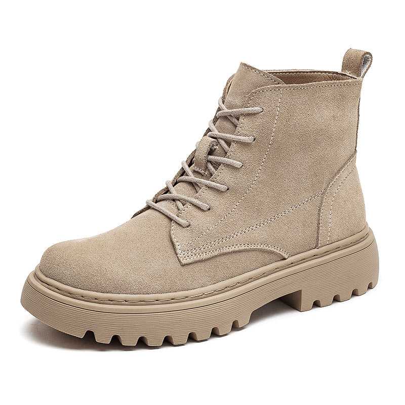 Women's Cowhide Leather Martin Boots - British Style with Lace-Up Front and Square Heel