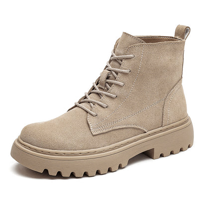 Women's Cowhide Leather Martin Boots - British Style with Lace-Up Front and Square Heel