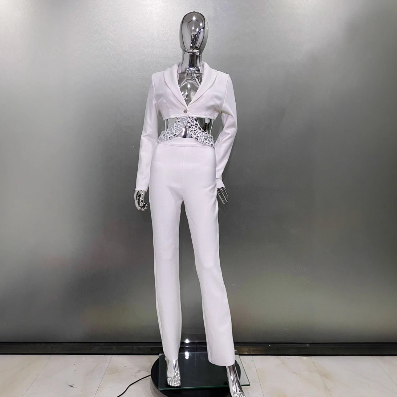 Women's Rhinestone Embellished Bodysuit - Long Sleeve Fitted Jumpsuit