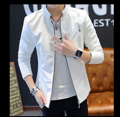 Men's Genuine Leather Stand Collar Jacket - Korean Style Youth Biker Coat