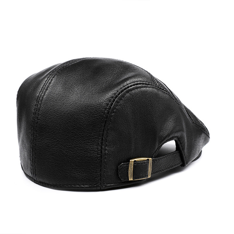 Men's Genuine Cowhide Leather Beret - Embroidered Flat Cap for Autumn & Winter