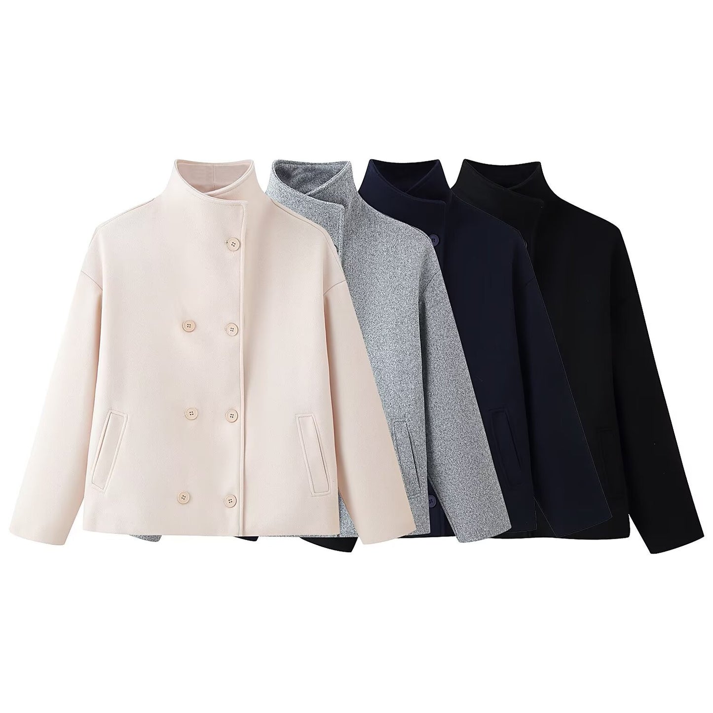 Women's Double-Breasted Wool Coat - Stand Collar Short Jacket with Pockets