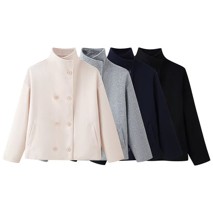 Women's Double-Breasted Wool Coat - Stand Collar Short Jacket with Pockets