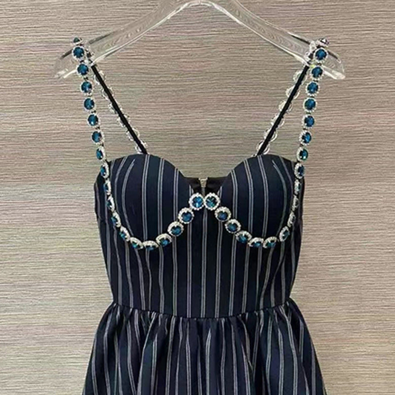 Diamond-Studded Striped Halter Dress - A-Line Ruffled Waist Skirt