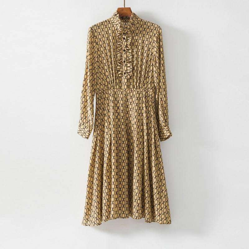 Women's Printed Silk Midi Dress - High-Waist A-Line Long Sleeve Dress