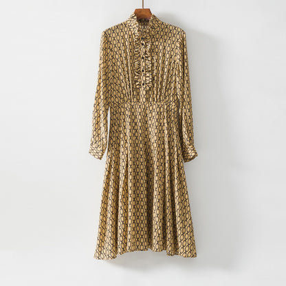 Women's Printed Silk Midi Dress - High-Waist A-Line Long Sleeve Dress