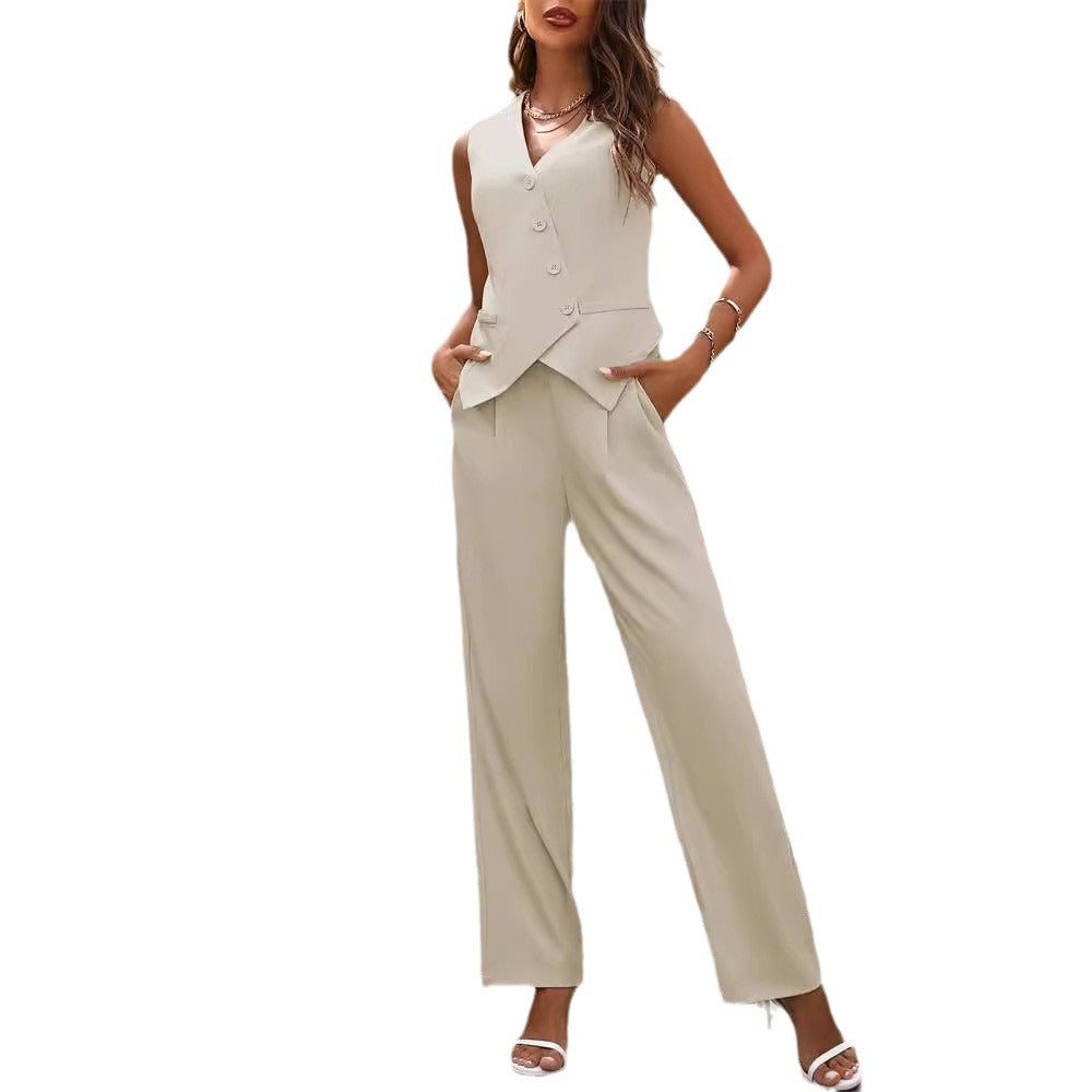 Women's Commuter Suit - Summer Button Sleeveless Top and Straight Trousers Two-Piece Set