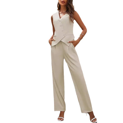 Women's Commuter Suit - Summer Button Sleeveless Top and Straight Trousers Two-Piece Set