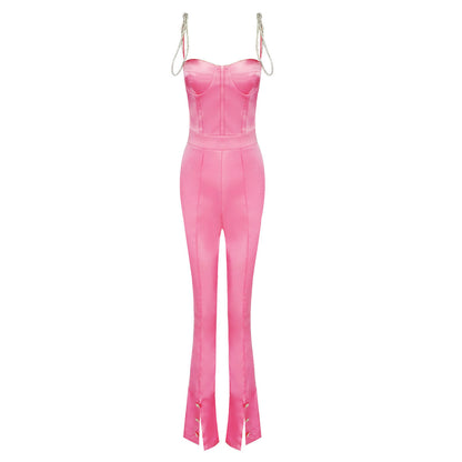 Diamond Sling Satin Jumpsuit - High Waist Sleeveless Rhinestone Romper