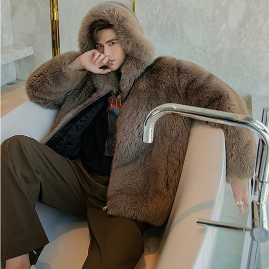 Men's Premium Faux Fur Hooded Coat - Slim Fit Winter Outerwear
