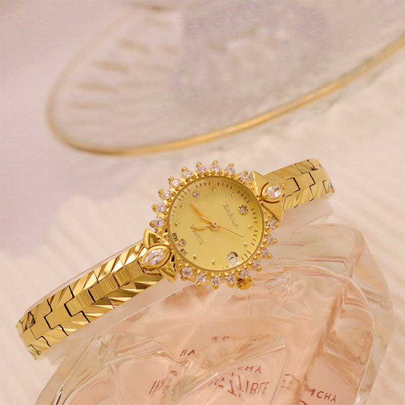 Women's Vintage Quartz Bracelet Watch | Diamond-Embossed Design | 6mm | Gold Face & Golden White