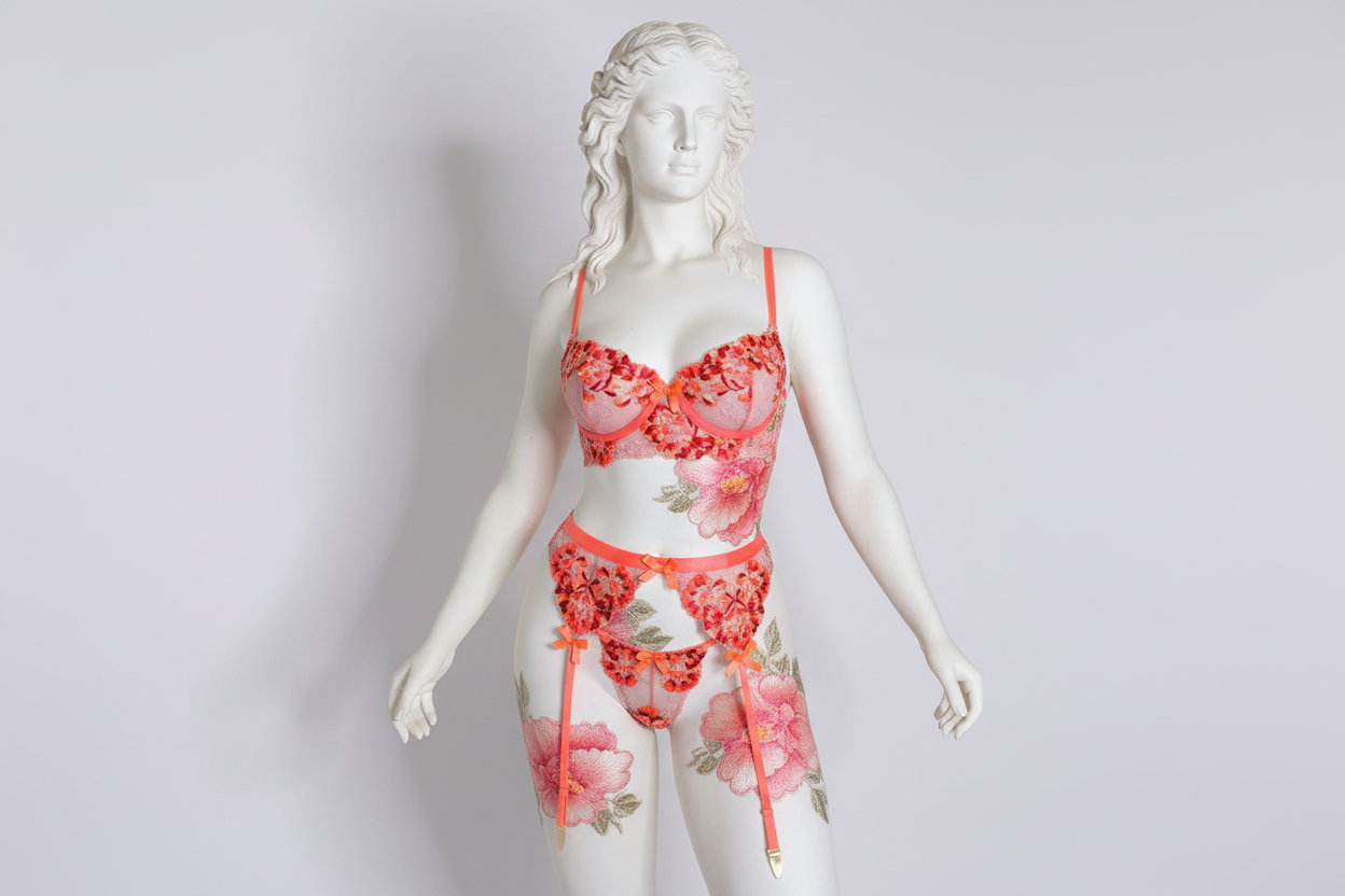Women's Embroidered Lingerie Set - Delicate Floral Design Bra and Panty