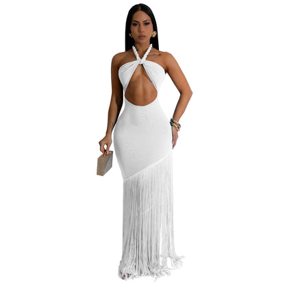 Women's Tassel Trim Sleeveless Maxi Dress – High Waist Pullover Long Skirt