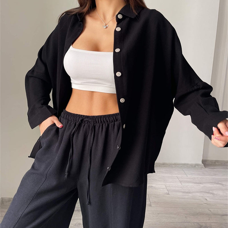 Women's Button Down Lounge Set - Long Sleeve 2-Piece Casual Loungewear with Pockets
