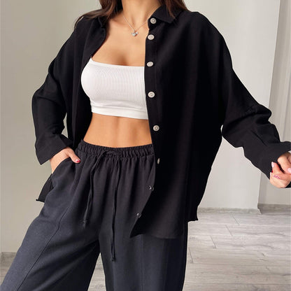 Women's Button Down Lounge Set - Long Sleeve 2-Piece Casual Loungewear with Pockets