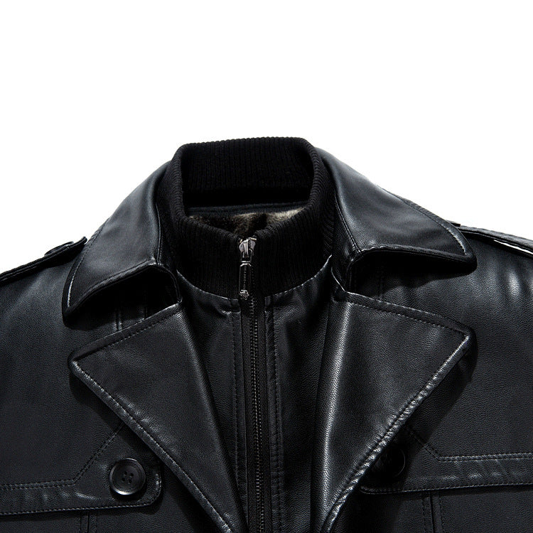 Men's Mid-Length Sheepskin Leather Jacket - Fitted Suit Collar with Fur Lining