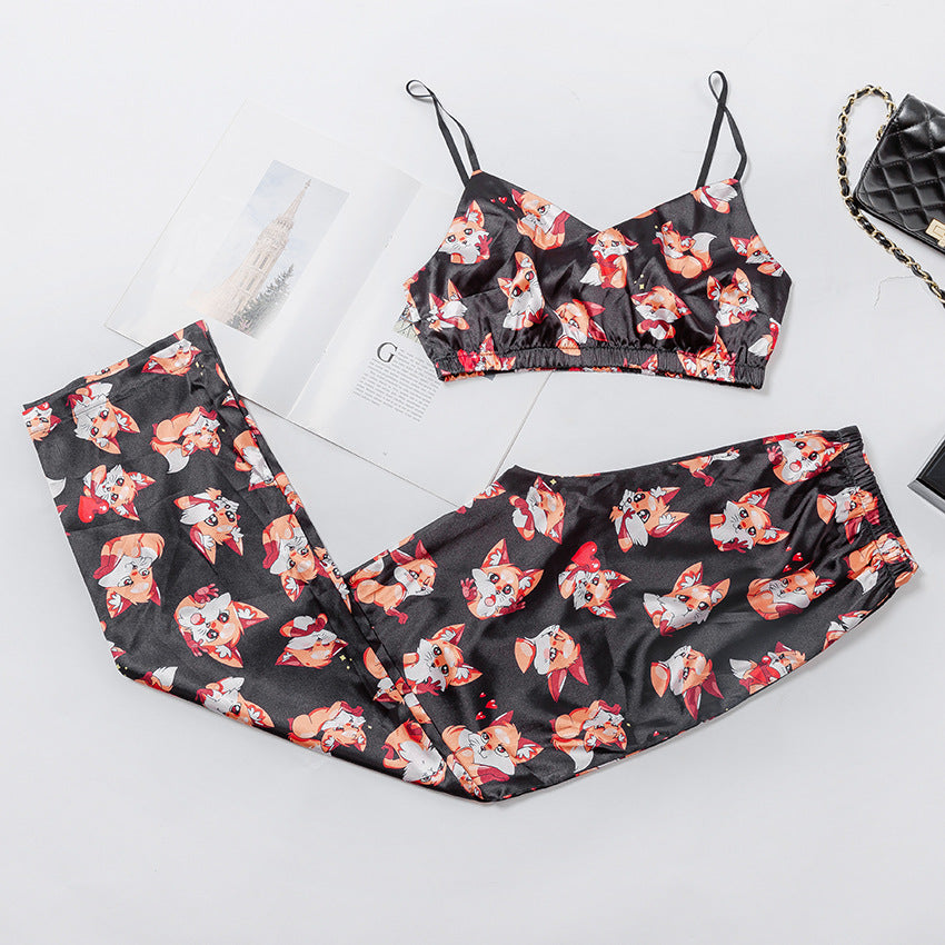 Women's Satin Cami Pajama Set - Fox Print Sleepwear Lingerie