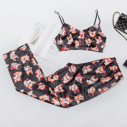 Women's Satin Cami Pajama Set - Fox Print Sleepwear Lingerie