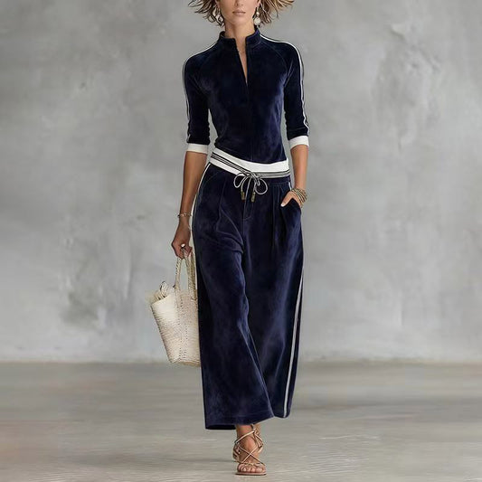 Women's Color Block Korean Velvet Tracksuit Set - Long Sleeve Cardigan and Pants