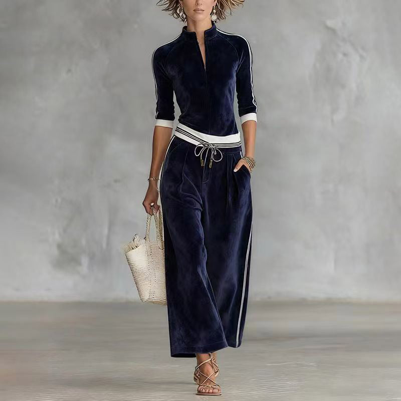 Women's Color Block Korean Velvet Tracksuit Set - Long Sleeve Cardigan and Pants