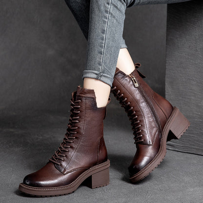 Cowhide Leather Mid-Barrel Martin Boots - Women's Vintage Knight Boots with Anti-Slip Rubber Sole