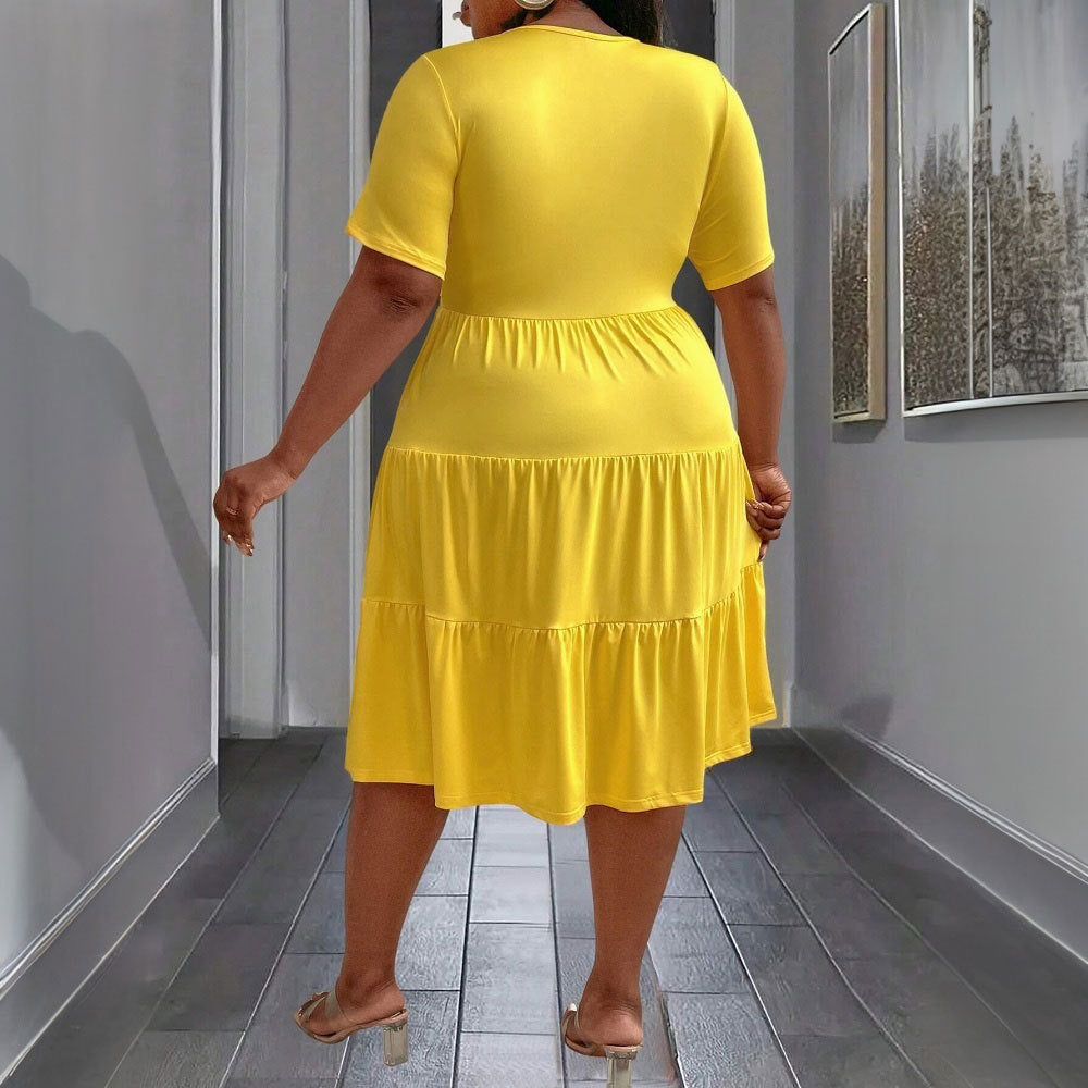 Women's Elegant Yellow Midi Dress - High-Waist Ruffled Spring Summer Dress