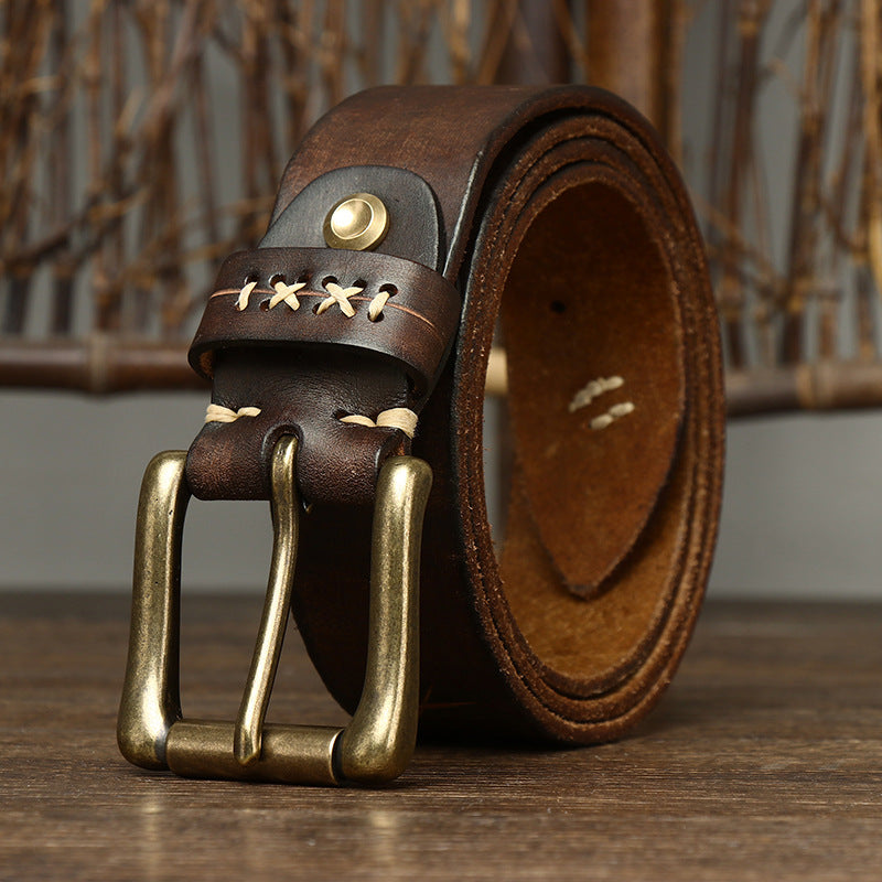 Washed-Out Vintage First Layer Cowhide Leather Belt - Genuine Leather Jeans Belt with Copper Pin Buckle