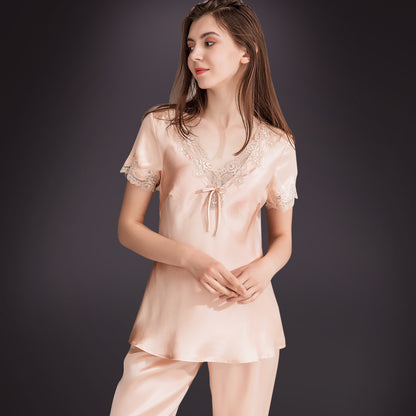 Women's Two-Piece Silk Pajama Set - V-Neck Top with Cropped Pants