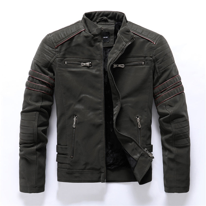 Men's Vintage PU Leather Jacket - Stand Collar Fleece Lined