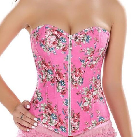 Women's Floral Print Corset Bustier - Vintage Overbust Design with Suspenders