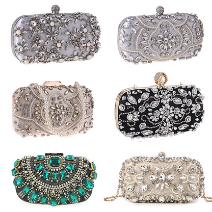 Diamond-Studded Ladies Evening Bag - Pearl Embellished Banquet Clutch