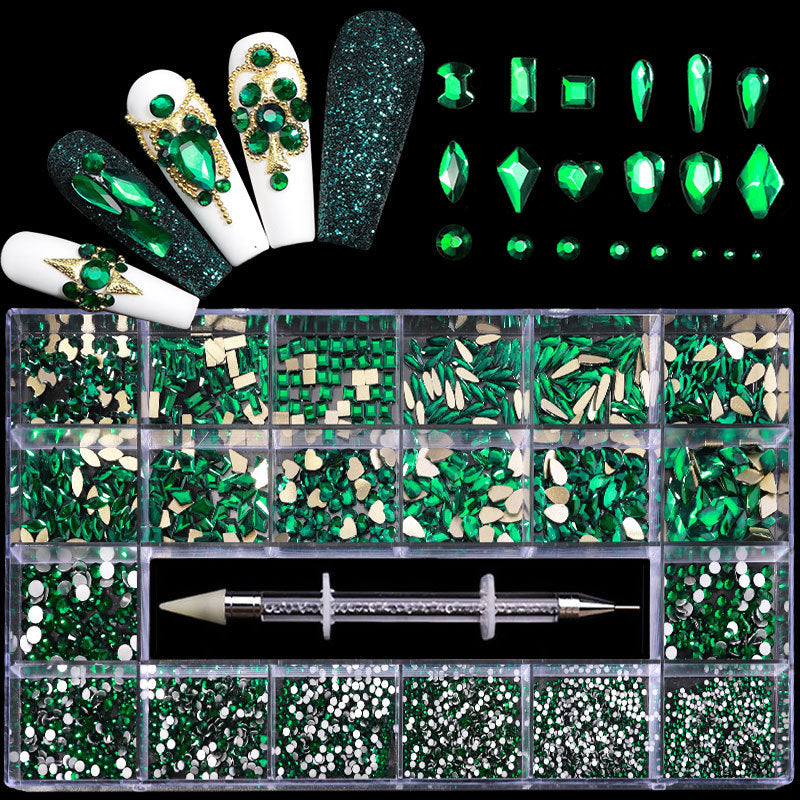 21-Grid Nail Rhinestone Decoration Set - Flat Glass Acrylic Nail Art Jewelry