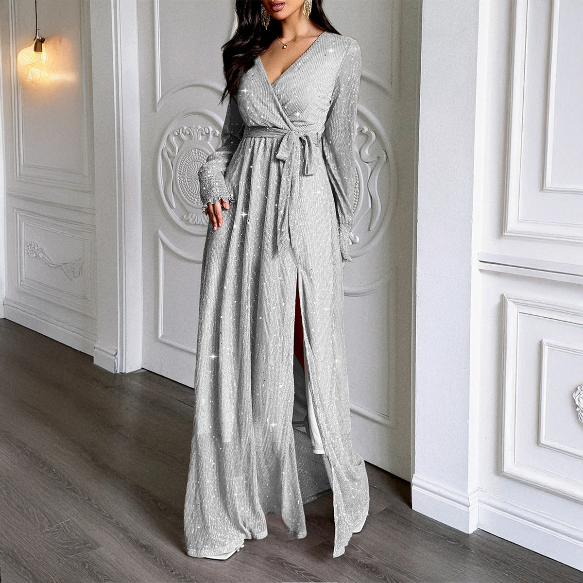 Women's Elegant Polka Dot Long-Sleeve Maxi Dress - A-Line Casual Dress