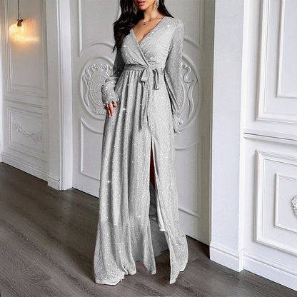 Women's Elegant Polka Dot Long-Sleeve Maxi Dress - A-Line Casual Dress